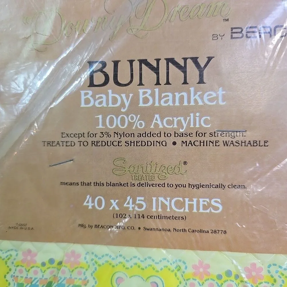 Vintage 80s Baby Blanket Beacon Bunny Teddy Bear Floral Yellow USA 40